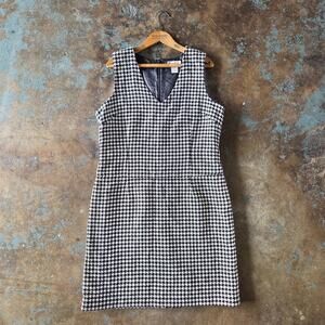 Vintage 90s Houndstooth Dress Size L Black White Wool Blend Academia Shift